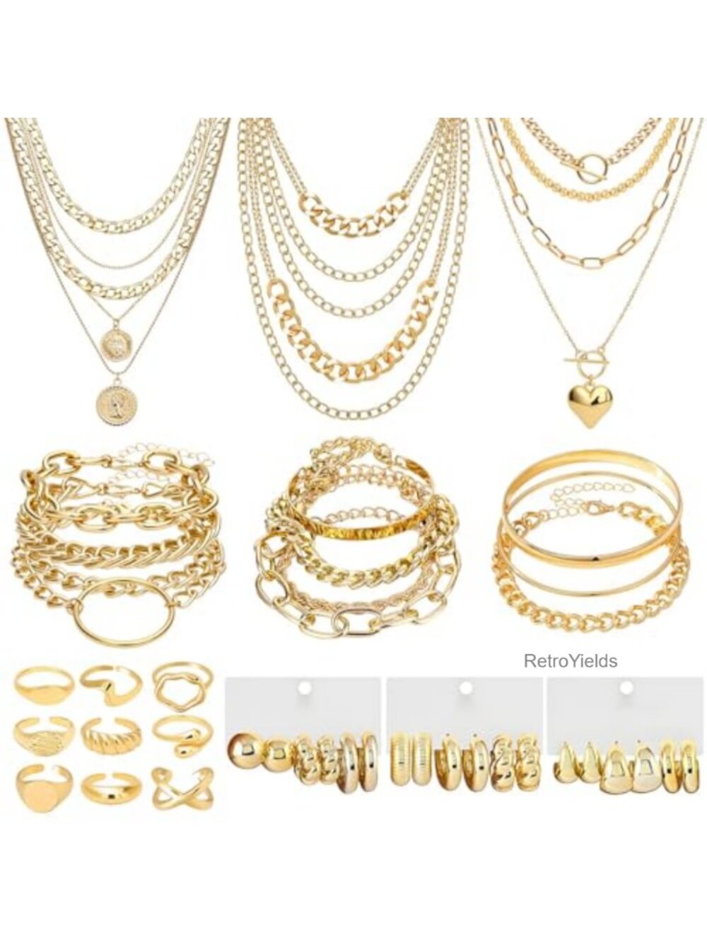 44 Pcs Gold Chunky Jewelry Set Hypoallergenic